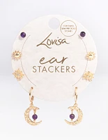 Gold Amethyst Mixed Star & Moon Stacker Earrings