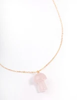 Gold Rose Quartz Moon & Mushroom Pendant Necklace