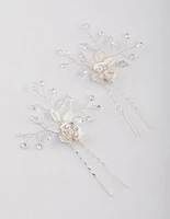 Silver Cubic Zirconia Floral Hair Pins Pack