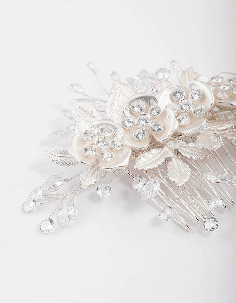 Silver Cubic Zirconia Floral Burst Hair Comb