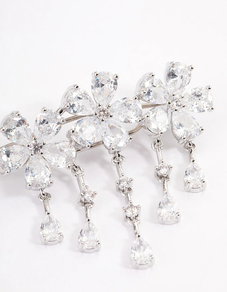 Silver Cubic Zirconia Triple Flower Droplet Hair Clips Pack