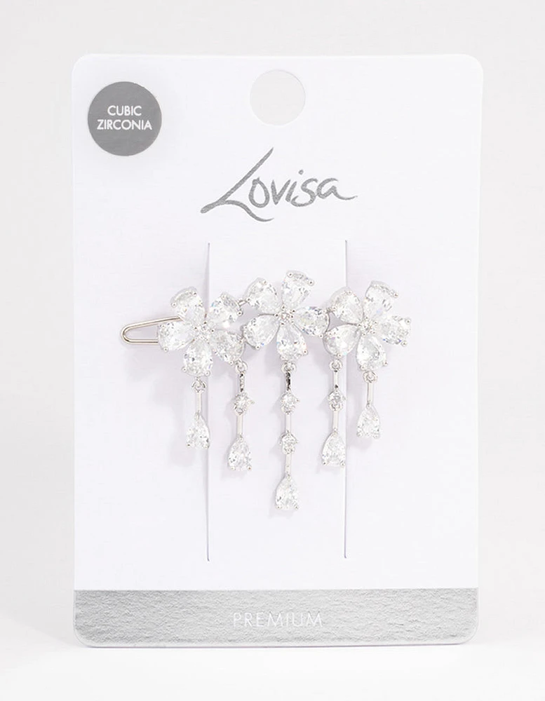 Silver Cubic Zirconia Triple Flower Droplet Hair Clips Pack