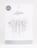 Silver Cubic Zirconia Triple Flower Droplet Hair Clips Pack