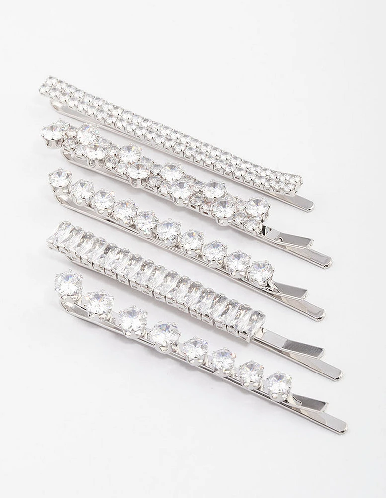 Silver Cubic Zirconia Mixed Stone Hair Clips 4-Pack