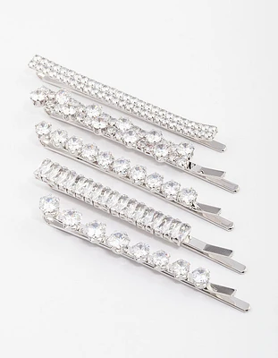 Rhodium Cubic Zirconia Mixed Stone Hair Clips 4-Pack