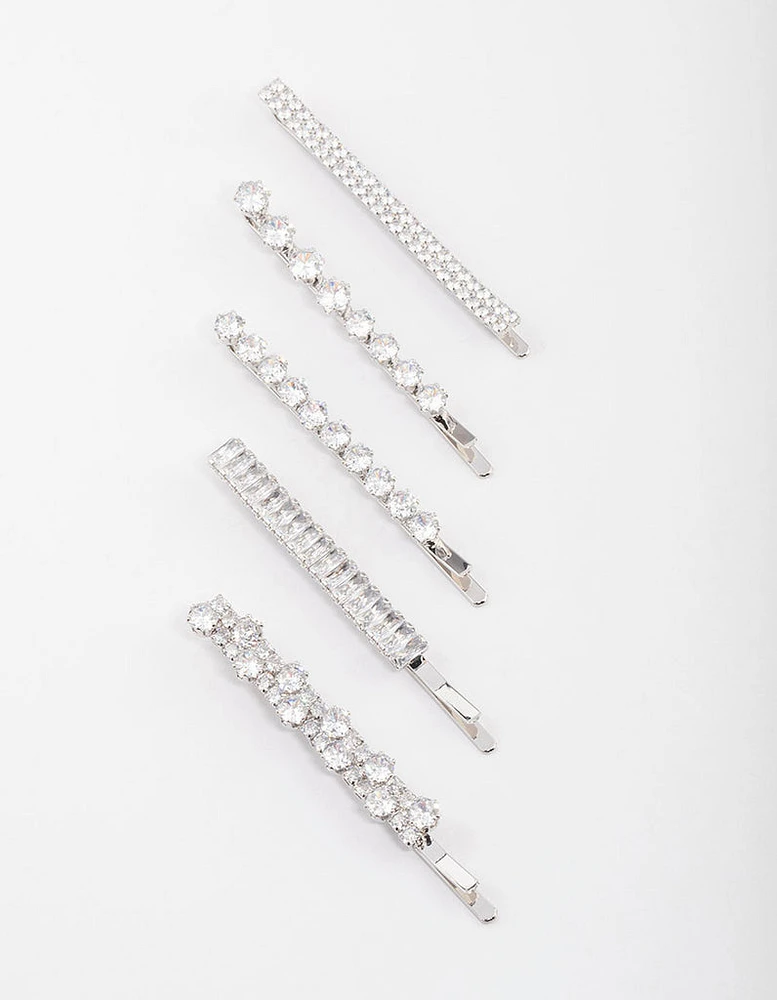 Silver Cubic Zirconia Mixed Stone Hair Clips 4-Pack