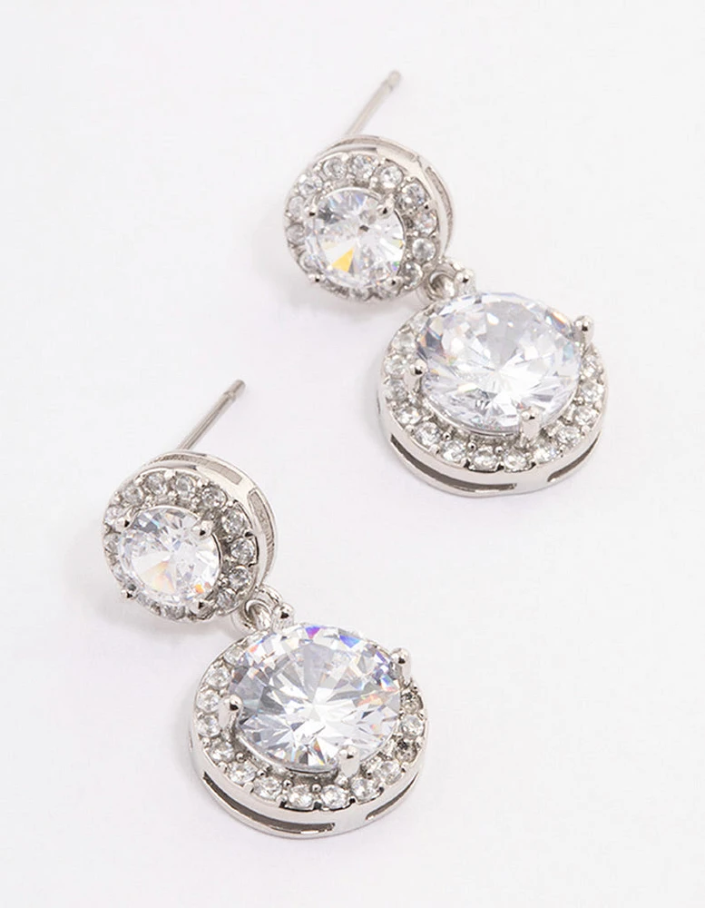 Silver Double Halo Round Drop Earrings