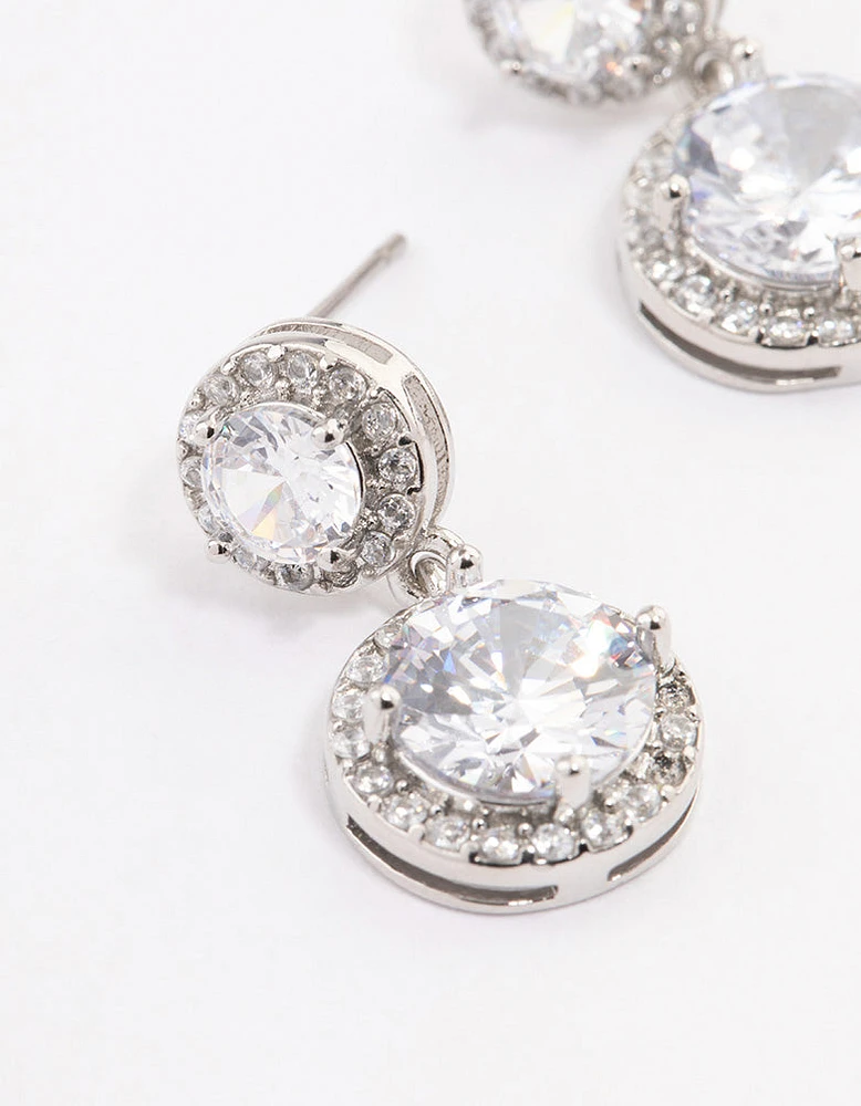 Silver Double Halo Round Drop Earrings