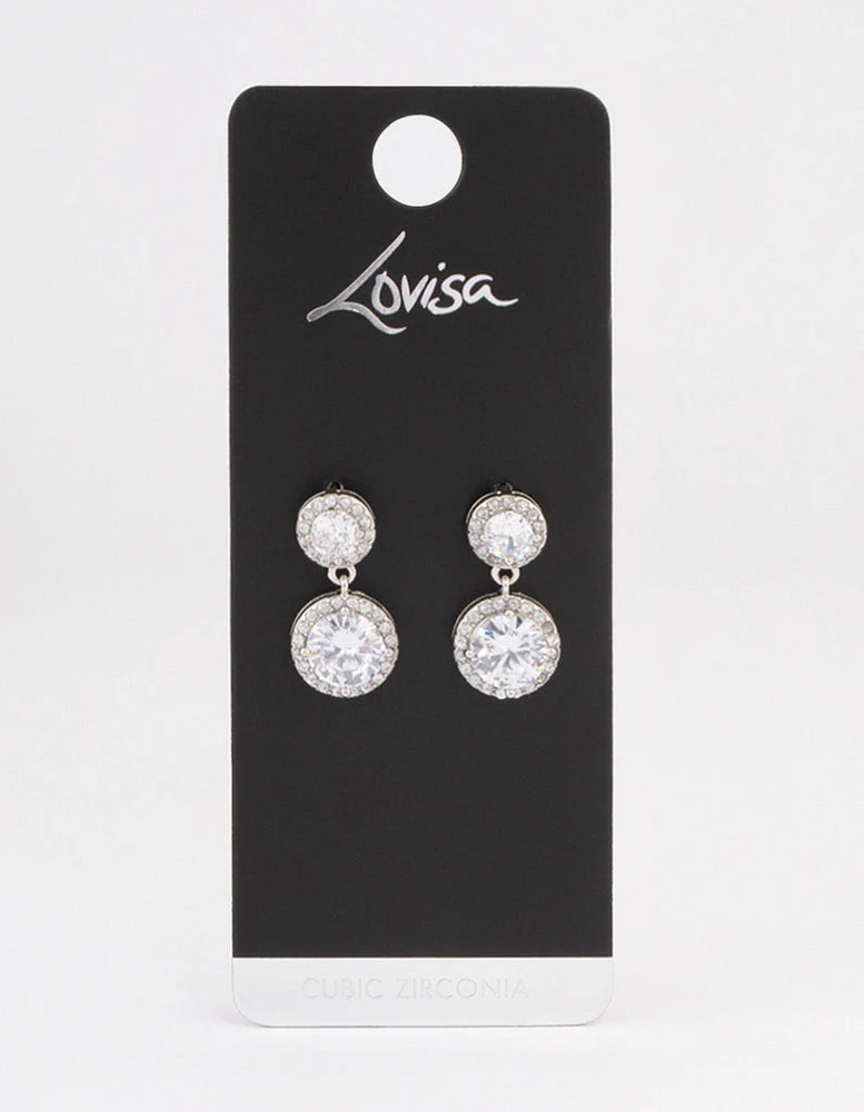 Silver Double Halo Round Drop Earrings