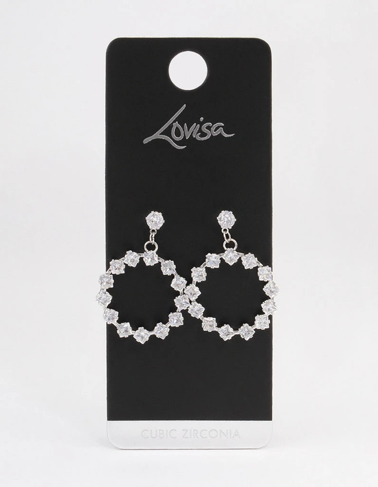 Rhodium Square Stone Wreath Drop Earrings