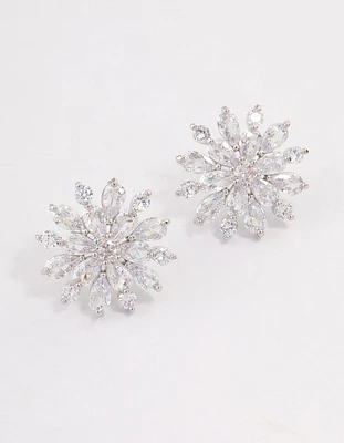 Rhodium Mid Flower Stud Earrings