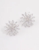 Rhodium Mid Flower Stud Earrings