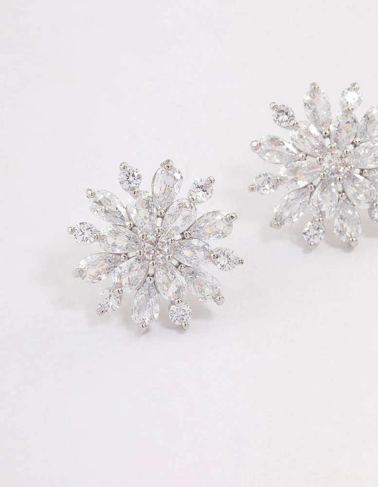 Rhodium Mid Flower Stud Earrings