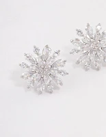 Rhodium Mid Flower Stud Earrings