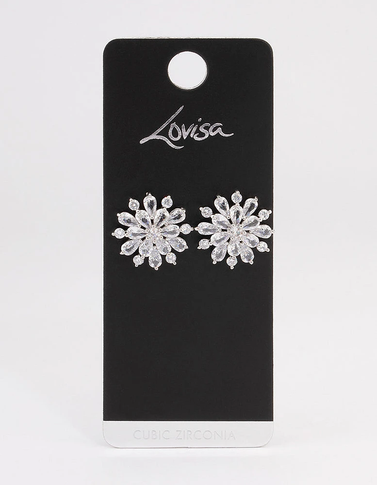 Rhodium Mid Flower Stud Earrings