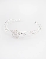 Silver Cubic Zirconia Flower Cross Over Cuff Bangle