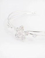 Silver Cubic Zirconia Flower Cross Over Cuff Bangle