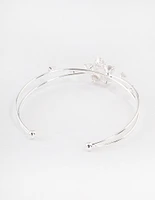 Silver Cubic Zirconia Flower Cross Over Cuff Bangle