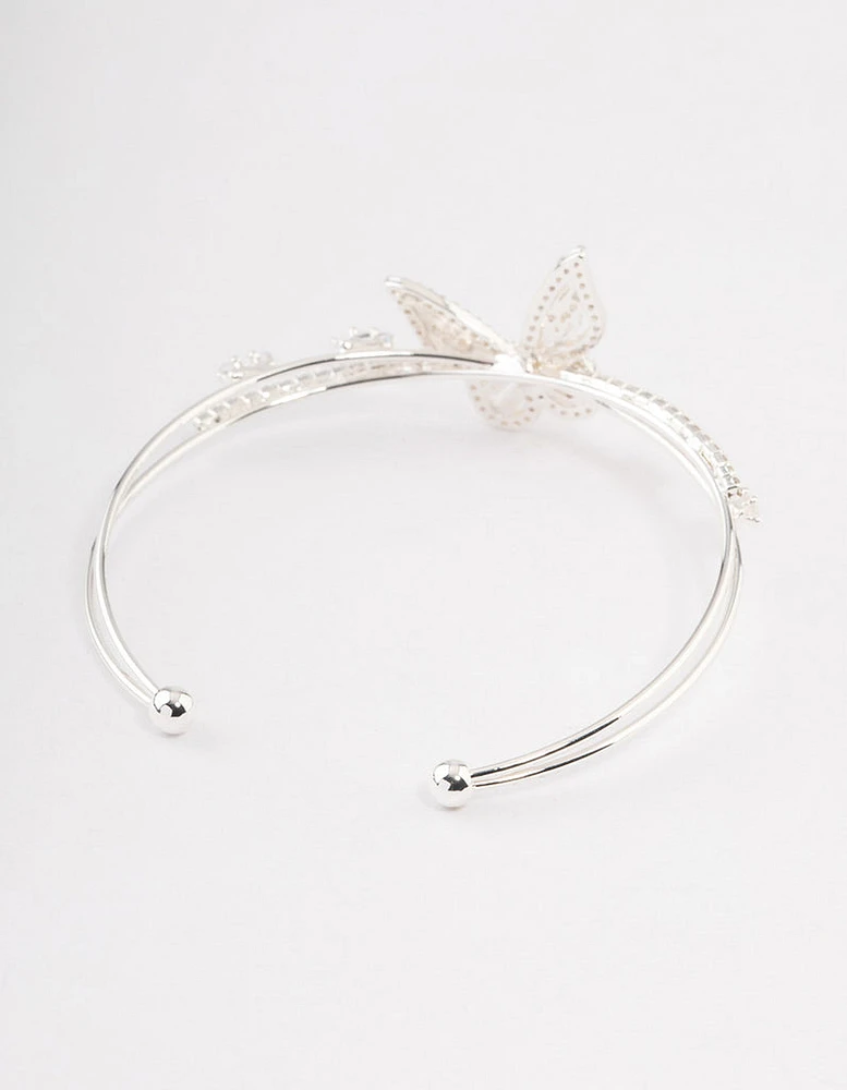 Silver Cubic Zirconia Butterfly Cross Over Cuff Bangle