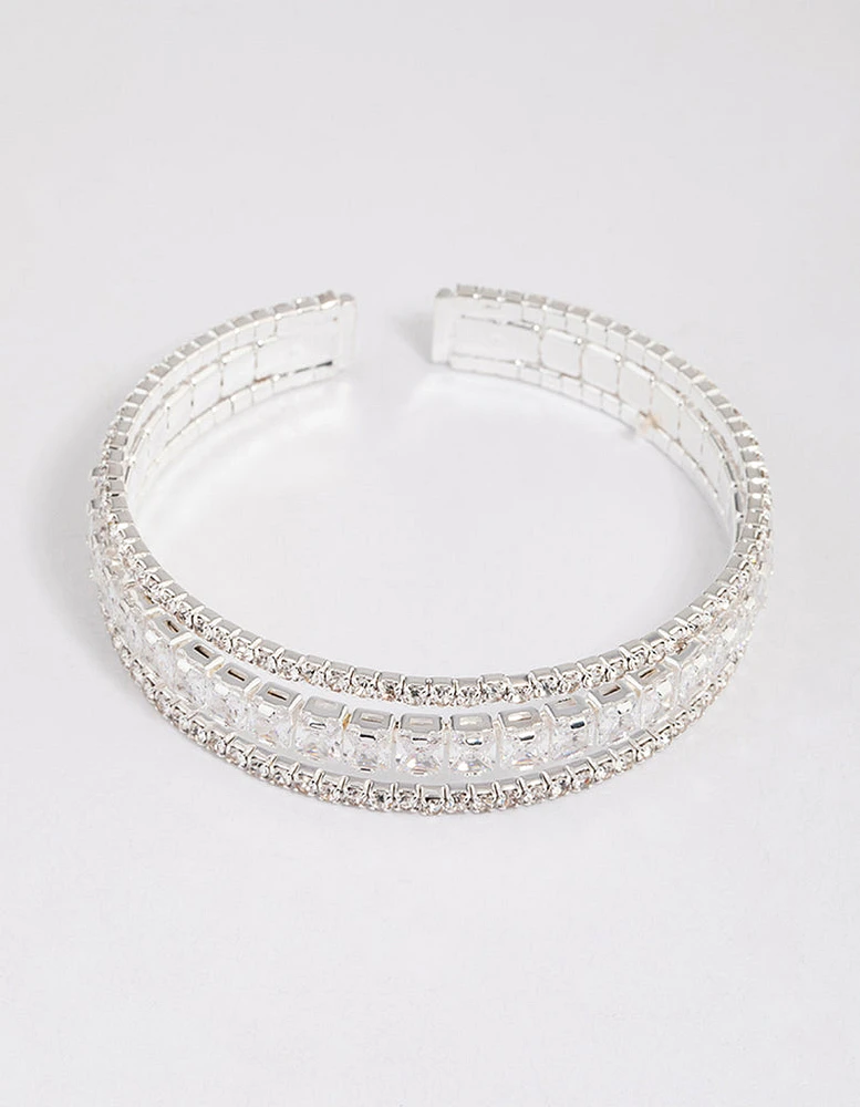 Silver Cubic Zirconia Trio Layer Cuff Bangle