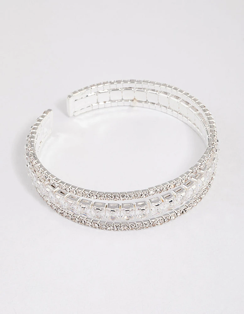 Silver Cubic Zirconia Trio Layer Cuff Bangle