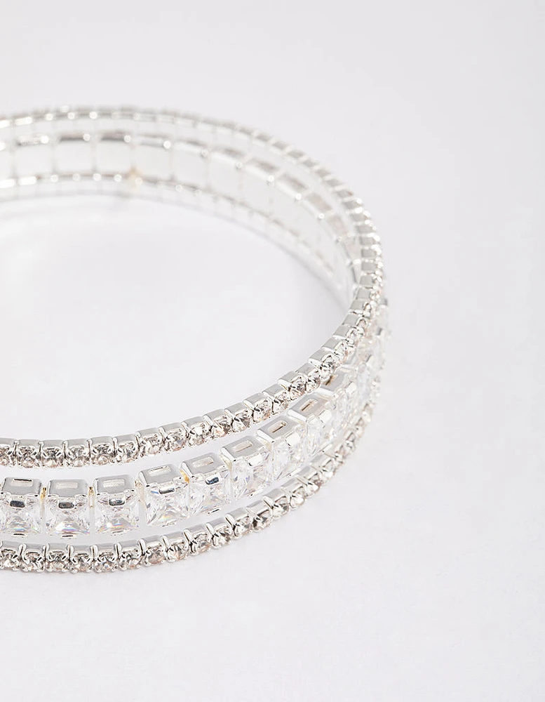 Silver Cubic Zirconia Trio Layer Cuff Bangle