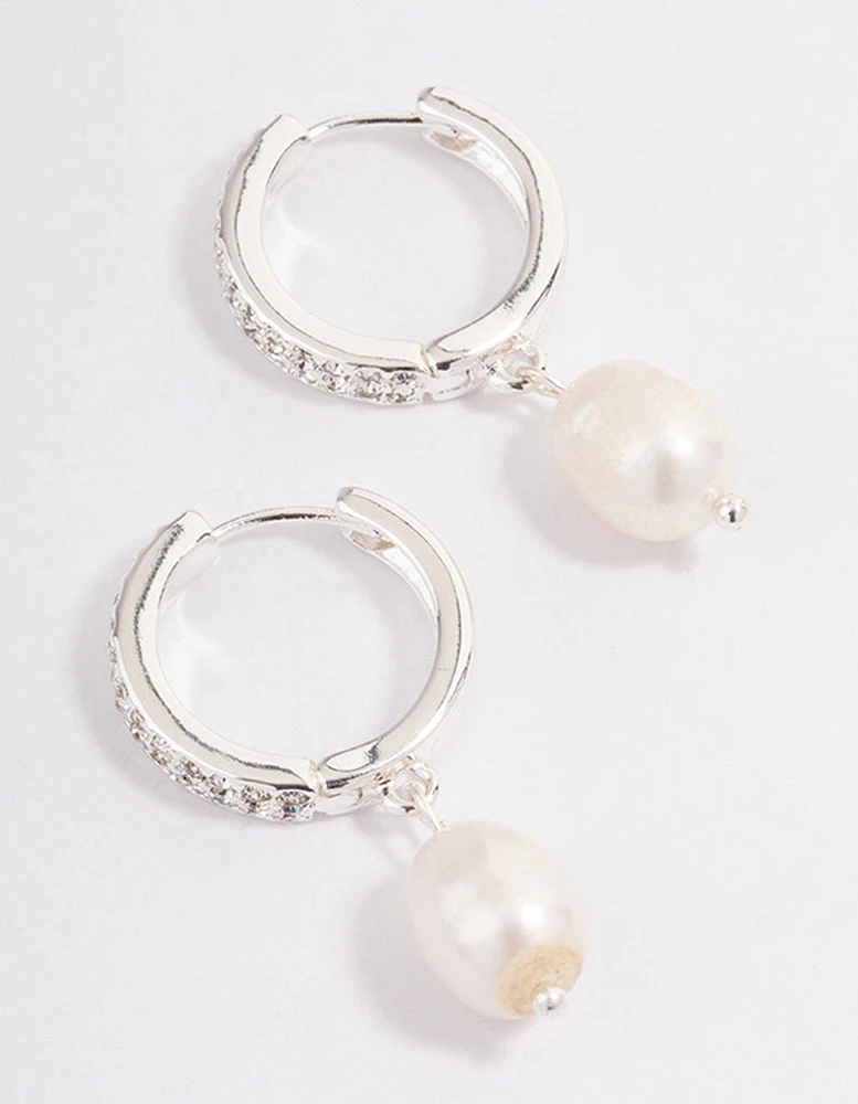 Silver Plated Diamante Huggie Freshwater Pearl Earrings