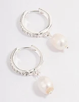 Silver Plated Diamante Huggie Freshwater Pearl Earrings