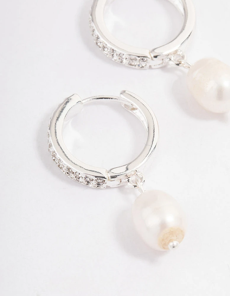 Silver Plated Diamante Huggie Freshwater Pearl Earrings