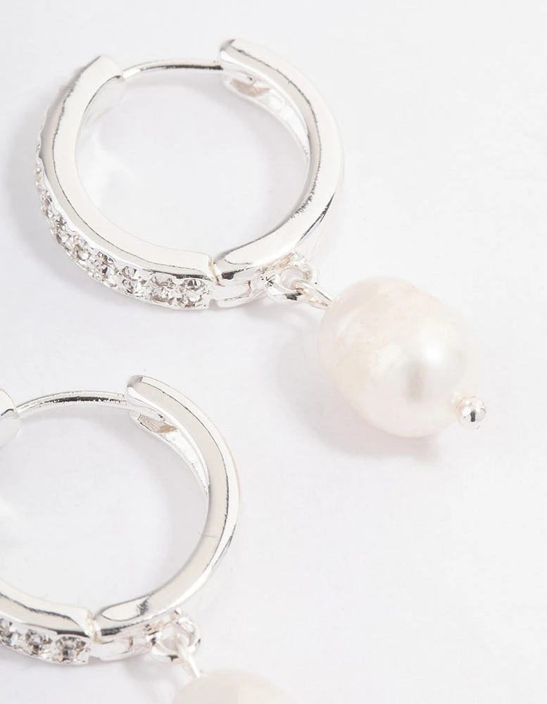 Silver Plated Diamante Huggie Freshwater Pearl Earrings