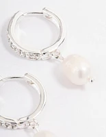 Silver Plated Diamante Huggie Freshwater Pearl Earrings