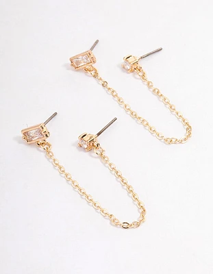 Gold Plated Cubic Zirconia Round & Baguette Chain Earrings