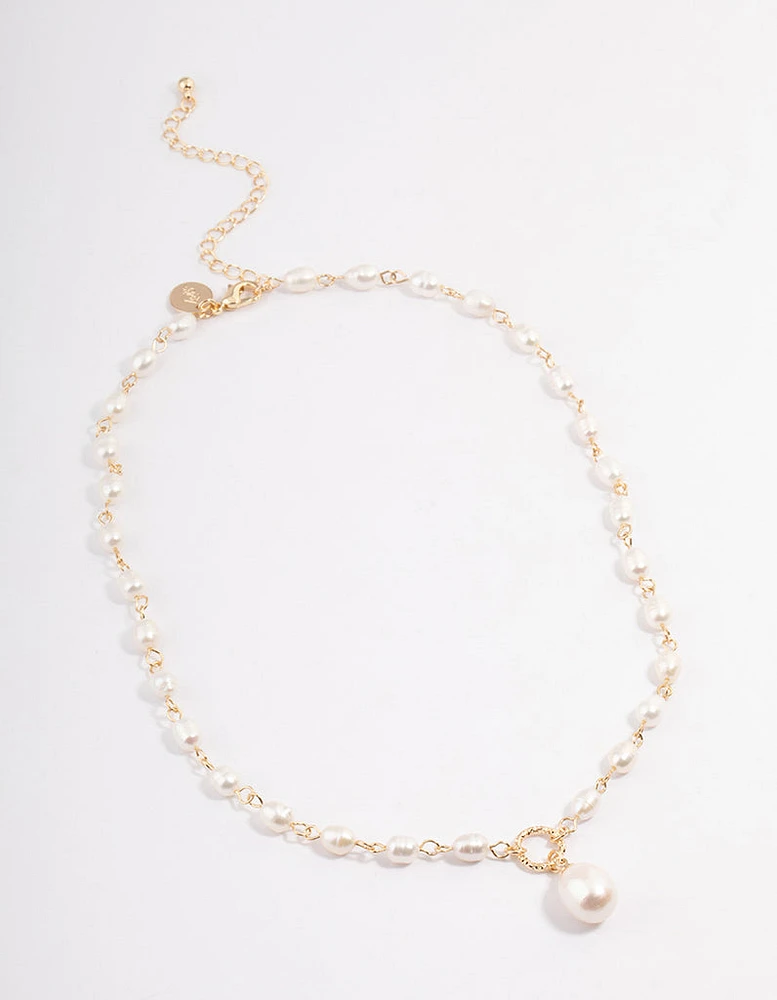 Gold Plated Freshwater Pearl Station Drop Necklace