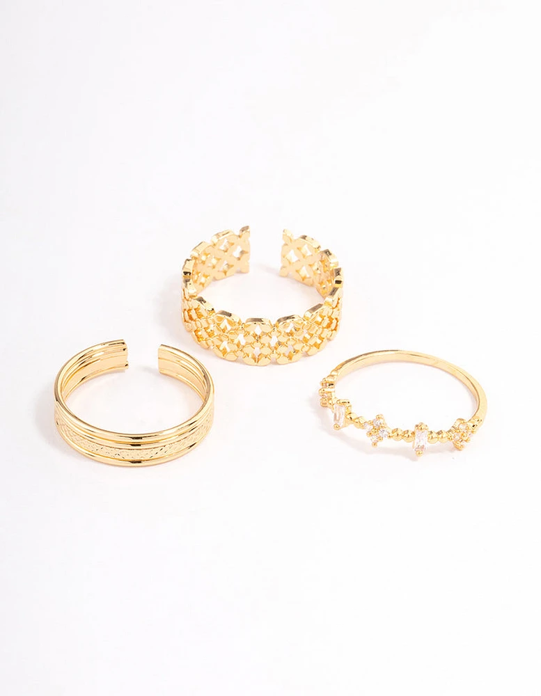 Gold Plated Cubic Zirconia Ornate Stacker Ring Pack