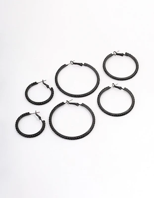 Coated Black Mixed Size Diamante Hoop Earrings