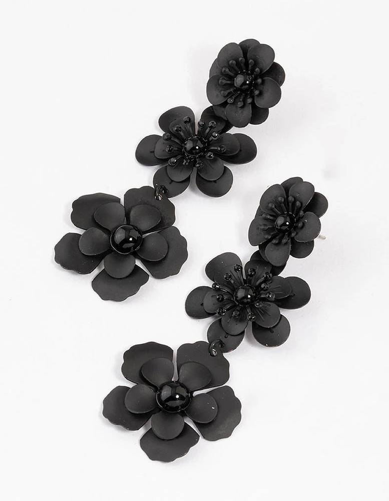 Coated Black Triple Diamante Flower Drop Earrings