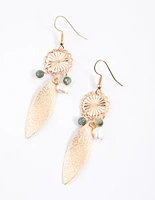 Green Boho Leaf & Beaded Drop Earrings