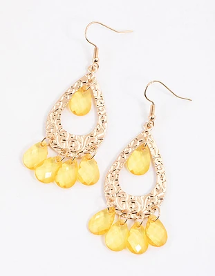 Yellow Teardrop Ornate & Facet Drop Earrings