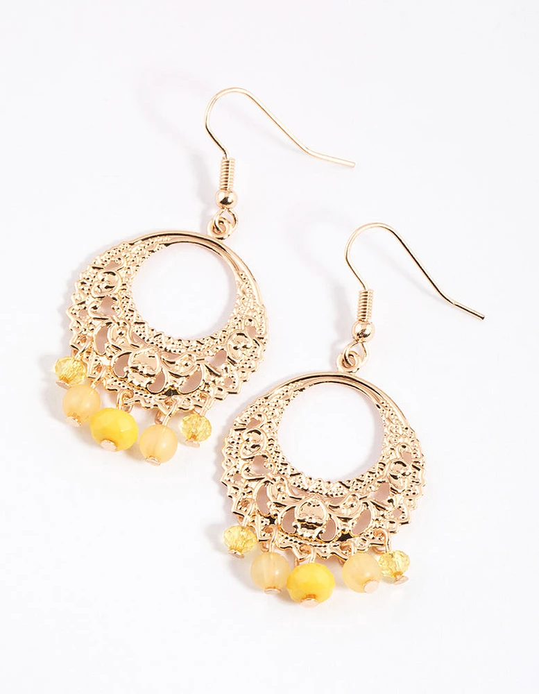 Yellow Round Ornate & Beaded Drop Earrings