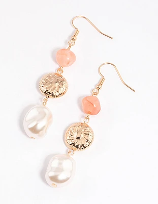 Peach Flower Beaded & Pearl Drop Earrings