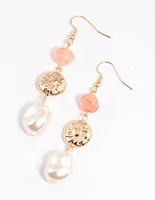 Peach Flower Beaded & Pearl Drop Earrings