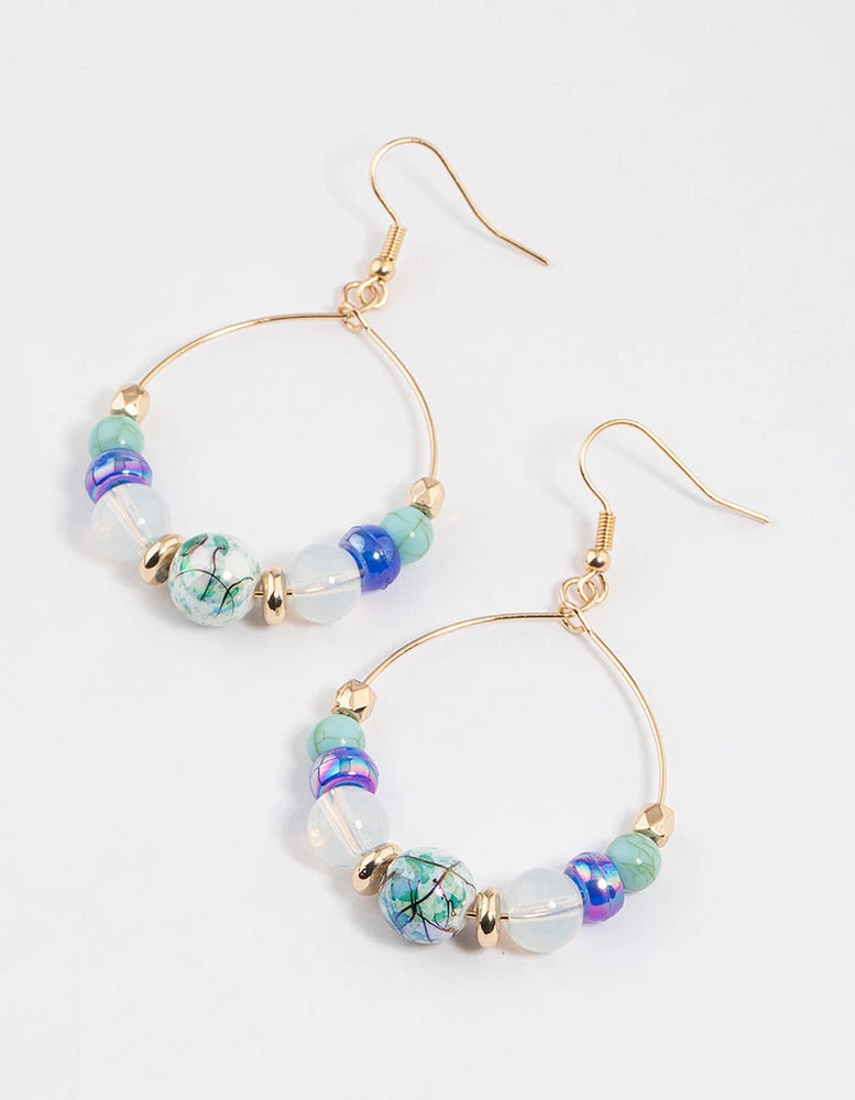 Blue Mixed Bead Wire Drop Earrings