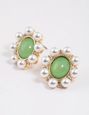 Green Oval Pearl Halo Stud Earrings