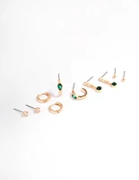 Green Staple Round & Pearl Earrings 5-Pack