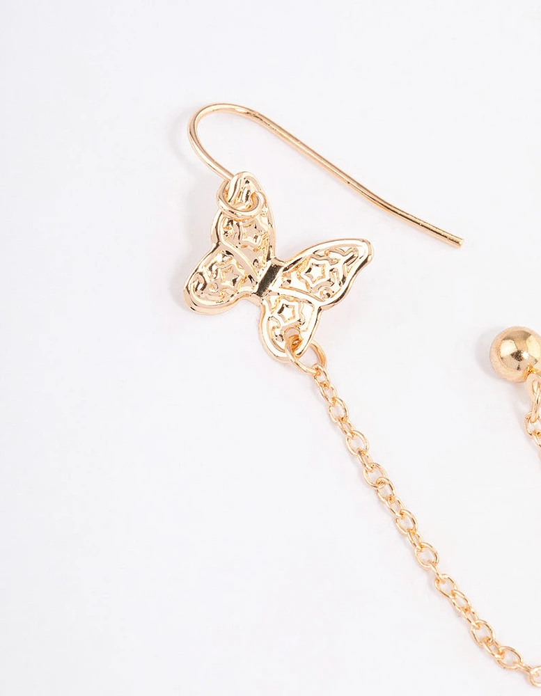 Gold Butterfly Drop Chain Earrings