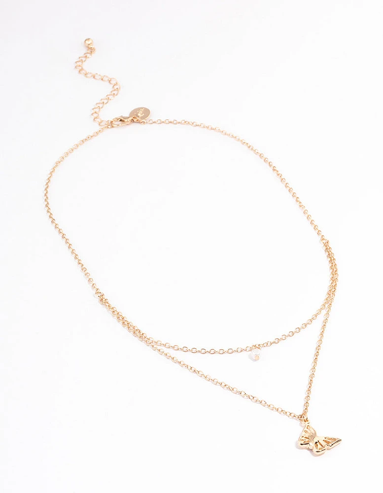 Gold Pearl & Butterfly Layered Necklace