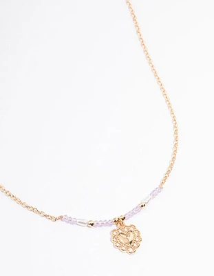 Gold Ornate Heart & Pearl Necklace