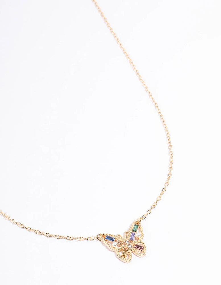 Gold Diamante & Pearl Butterfly Necklace