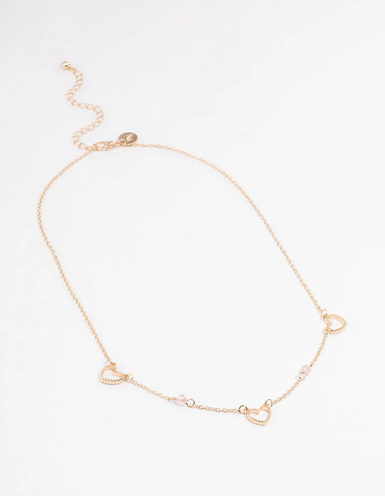 Gold Open Heart & Beaded Station Necklace