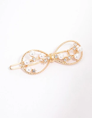 Gold Dainty Pearl Open Bow Clip